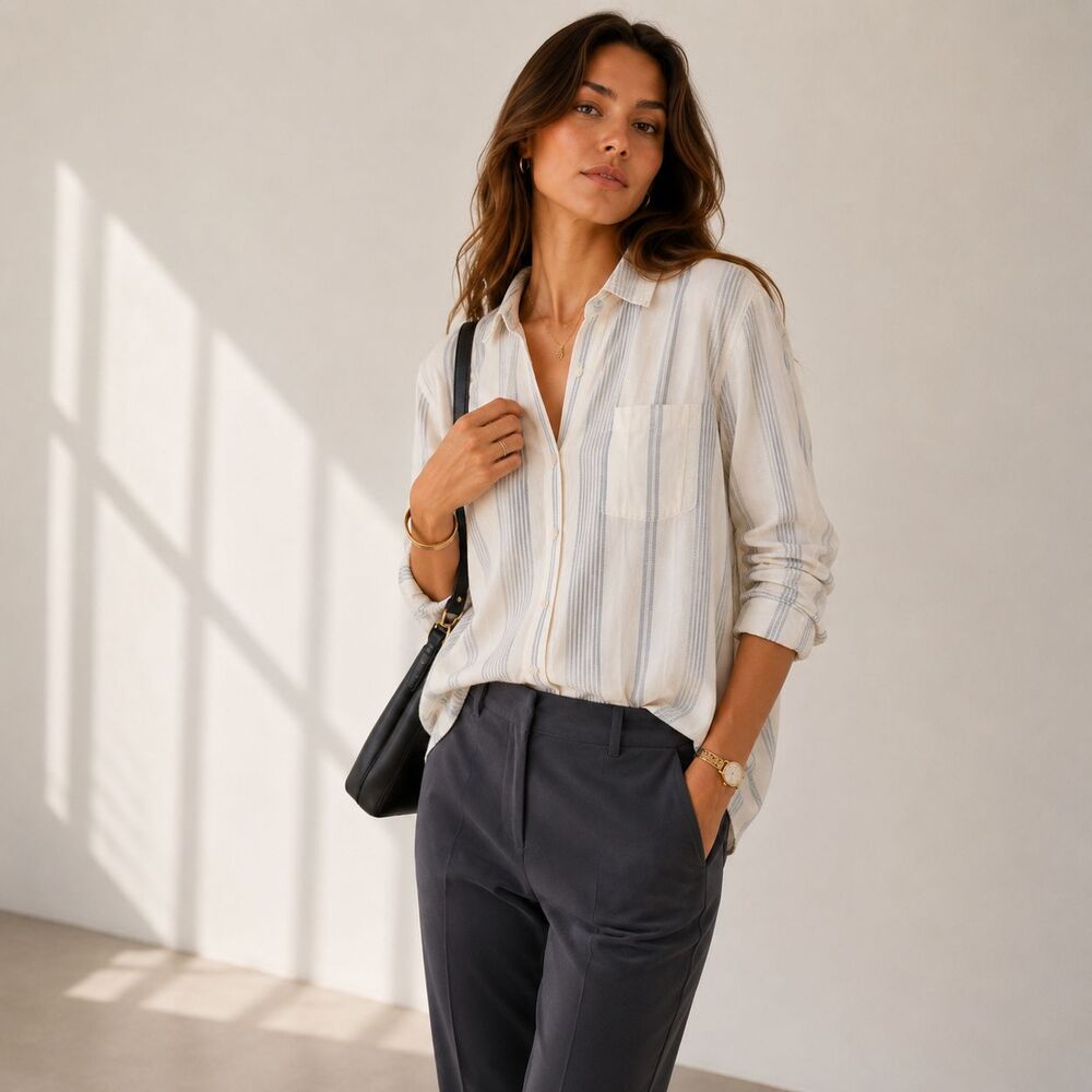 PACT Women's MEDIUM Button Down Shirt 100% Organic Cotton Striped Blouse